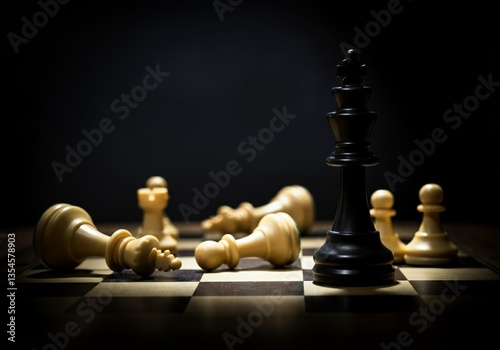 Dramatic chess endgame with toppled pieces on a dark chessboard