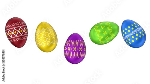 The Easter eggs in a row jumping on the white background. 3d render