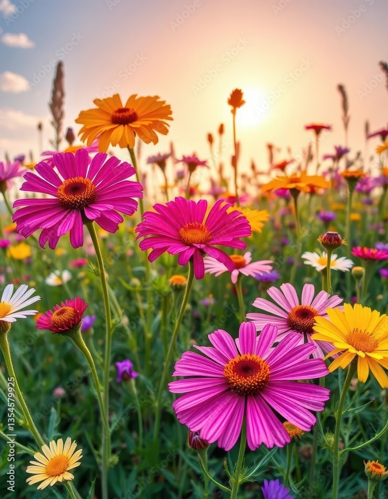 Fototapeta premium Vibrant wildflowers in full bloom against a sunny sky, white, nature