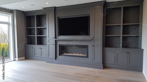 Wallpaper Mural Modern Gray Entertainment Center with Fireplace and Built-in Shelving Torontodigital.ca