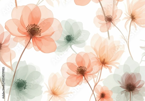 Wallpaper Mural Translucent floral pattern with pastel toned flowers on white background Torontodigital.ca