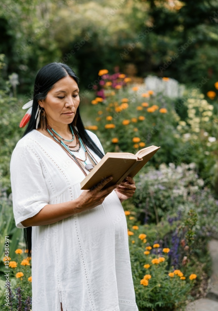 Pregnant woman reading a book in a blossoming garden Pregnant woman reading a book in a blossoming garden