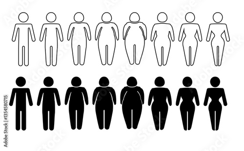 A man or woman diets and exercises from fat to fitness series frontal view. Figure and size person, body index mass. Vector