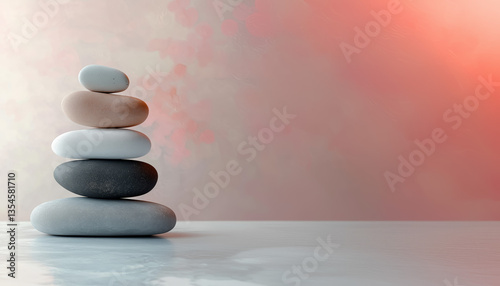 Stack of smooth zen stones and a soft textured background with copy space, Spa and wellness center background template card, AI generated