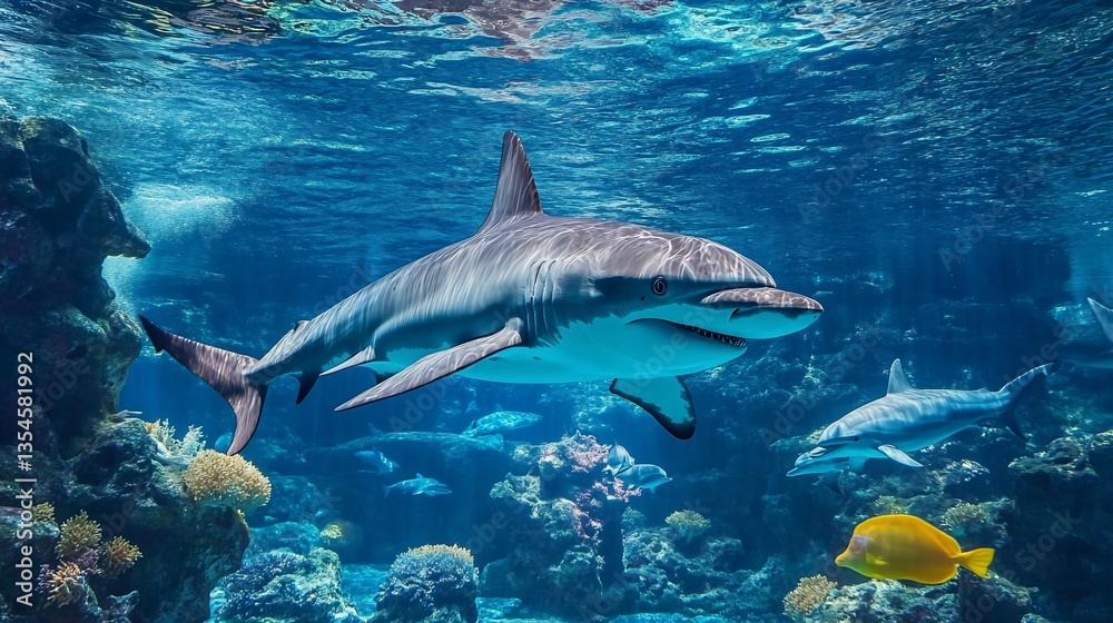 Fototapeta premium Majestic Shark and Marine Life in a Vibrant Underwater Ecosystem