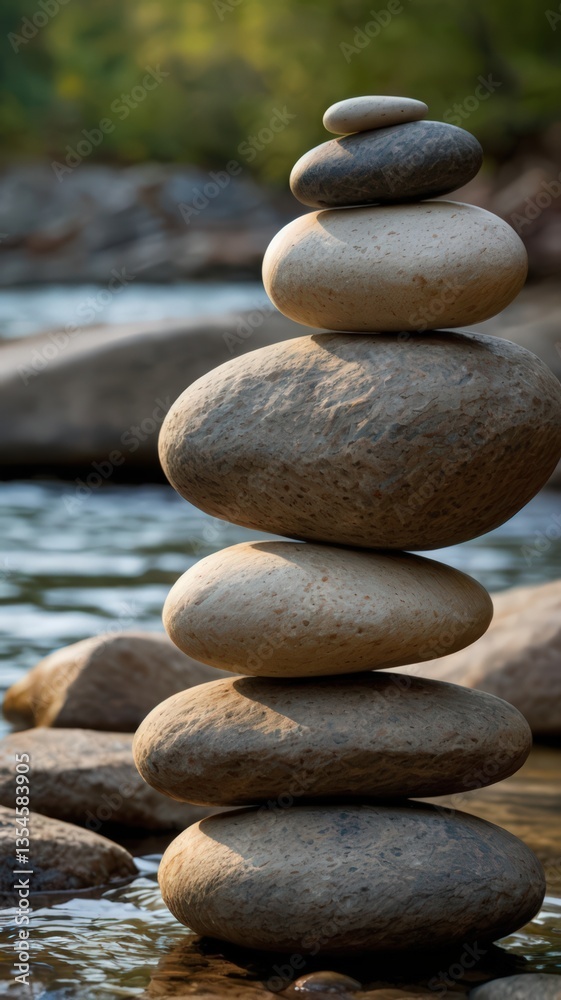 Stone Balance Near the River: A tower of balanced stones stands serene against the flowing river, inviting viewers to embrace equilibrium and mindfulness, creating a sense of zen. Stone Balance Near the River: A tower of balanced stones stands serene against the flowing river, inviting viewers to embrace equilibrium and mindfulness, creating a sense of zen.