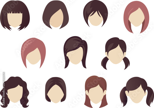 Flat icons depicting various women's hairstyles, including bobs, layered cuts, and pigtails.