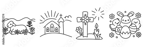 Easter,Colorful Easter illustrations featuring lamb, church, cross, and cheerful bunnies evoke joy and celebration