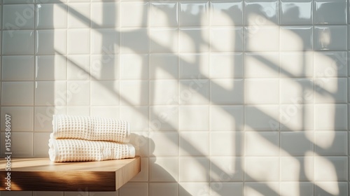 Close-up of a white bathroom wall with square tiles