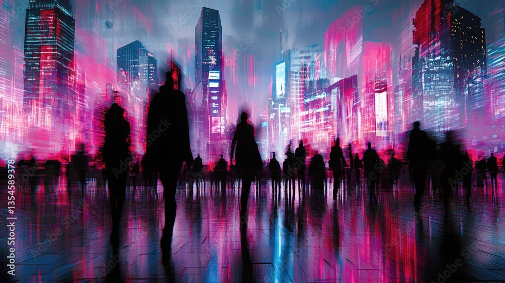 custom made wallpaper toronto digitalTech expo attendees engage in dynamic interactions amid a futuristic cityscape at night