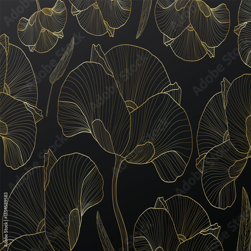 Vector gold leaves, floral luxury frame background, nature line abstract illustration, wave wedding illustration