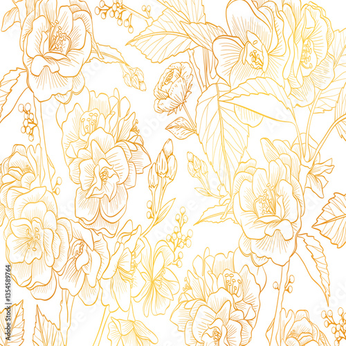 Vector gold leaves, floral luxury frame background, nature line abstract illustration, wave wedding illustration