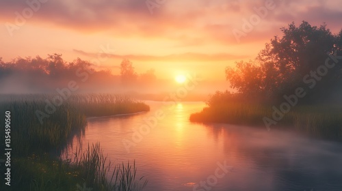Vibrant sunrise over a serene river surrounded by tall grass
