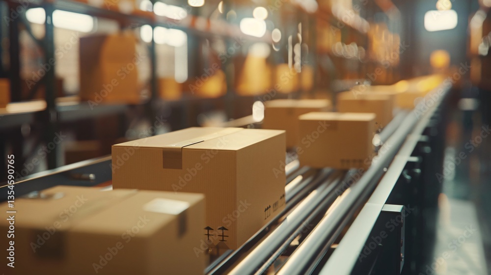 Cardboard boxes moving on a conveyor belt in a modern warehouse Cardboard boxes moving on a conveyor belt in a modern warehouse