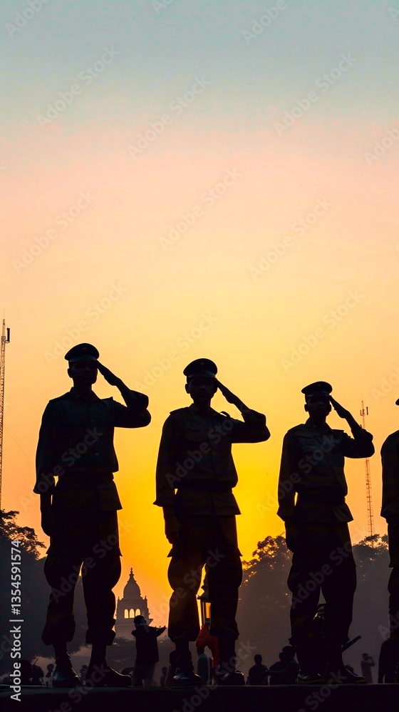 Soldiers salute at sunset in a ceremonial event Soldiers salute at sunset in a ceremonial event