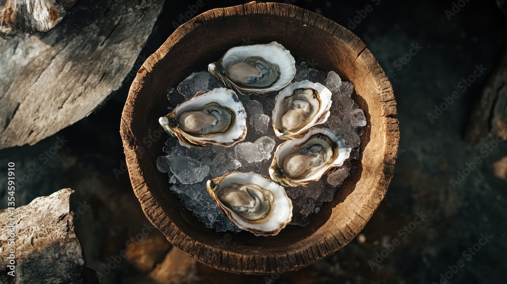 Fresh Oysters on Ice in Rustic Wooden Bowl Fresh Oysters on Ice in Rustic Wooden Bowl