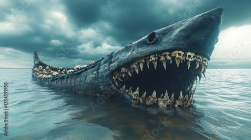 Shark-shaped boat filled with skulls on stormy water