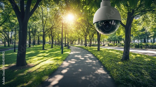 Security Camera Overlooking a Peaceful Park Scene on a Sunny Day