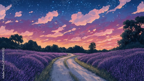 Lavender Field at Dusk under Starry Skies with a Winding Road