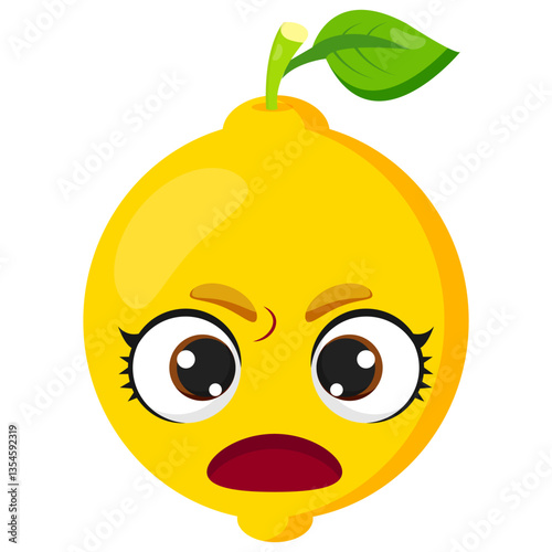 Angry yellow lemon with big expressive eyes and a green leaf. Perfect for food packaging, organic product branding, healthy lifestyle themes, juice labels, and diet promotions