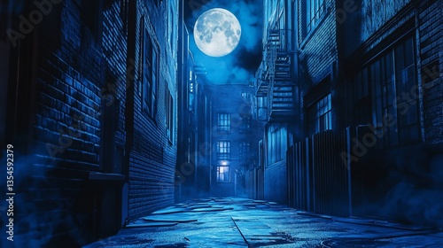 Full Moon Over Mysterious Urban Alleyway, Nighttime Atmosphere