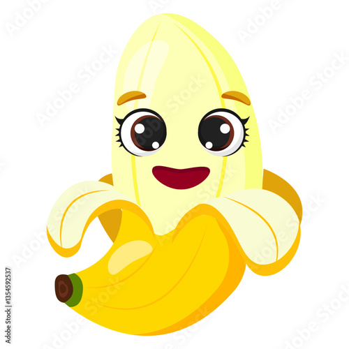 Smiling half-peeled banana with bright eyes and a cheerful expression. Fresh tropical fruit ideal for healthy eating themes, smoothie advertisements, organic food branding