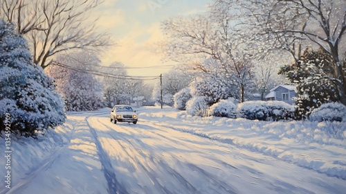 Winter road trip: Car driving through a snow-covered landscape painting