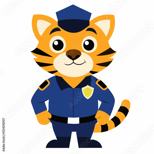 Cartoon tiger cub in a police uniform. Suitable for children's books, sticker, mascot, logo,icon.Vector illustration animal on white background



