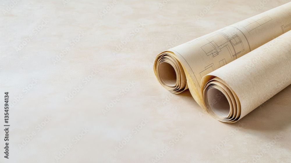 Fototapeta premium Rolled up blueprints on textured surface, showcasing architectural plans and designs