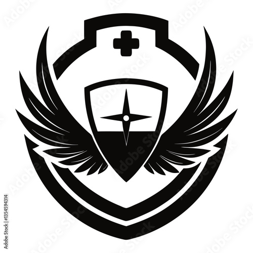 Heraldic vector illustration of a vintage coat of arms emblem featuring a shield, wings, and a royal crown