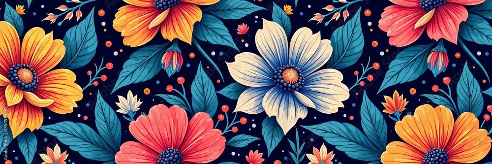 Intricate seamless vector pattern with vibrant flowers, leaves, decorative, foliage Intricate seamless vector pattern with vibrant flowers, leaves, decorative, foliage
