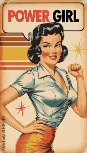A powerful girl poster with a beautiful strong woman in the style of the 60s. EPS vector graphics.