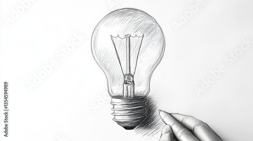 A hand holding a pencil is drawing a sketched light bulb on a white background.