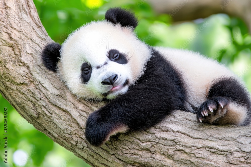 Obraz premium Wild panda resting on a tree branch in lush green forest during daylight hours Generative AI