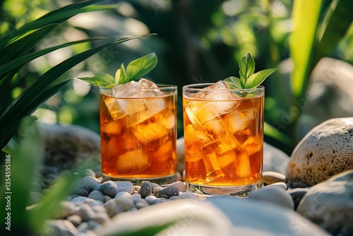 Iced Tea Cocktails on Rocks in a Garden photo