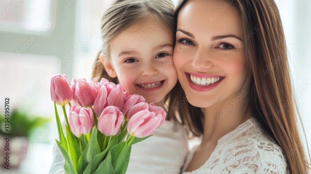 On Mother's Day, a Caucasian mother and daughter snuggled together, smiling and holding pink tulips, the daughter created a happy atmosphere for her mother On Mother's Day, a Caucasian mother and daughter snuggled together, smiling and holding pink tulips, the daughter created a happy atmosphere for her mother