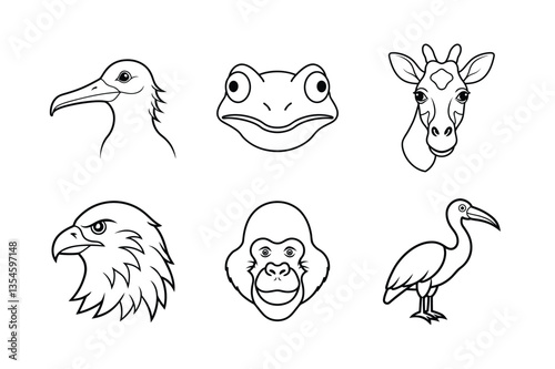 many kinds of pet animal head line drawing vector illustrations