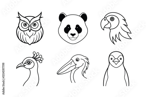 many kinds of pet animal head line drawing vector illustrations