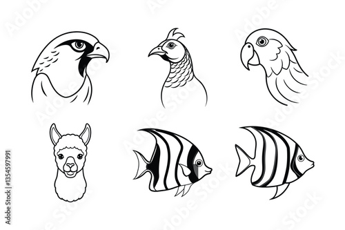 many kinds of pet animal head line drawing vector illustrations