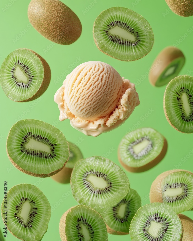 Fototapeta premium Vibrant fruit explosion with peach and kiwi slices artwork