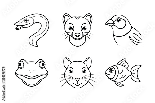 many kinds of pet animal head line drawing vector illustrations