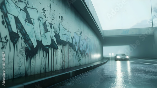 Urban tunnel scene, graffiti-covered wall, misty morning. Cars drive through the rain-slicked road under a highway overpass