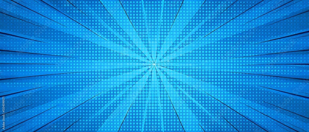 Fototapeta premium Blue Comic Book Pop Art Background Bright Radiating Design Halftone Dots