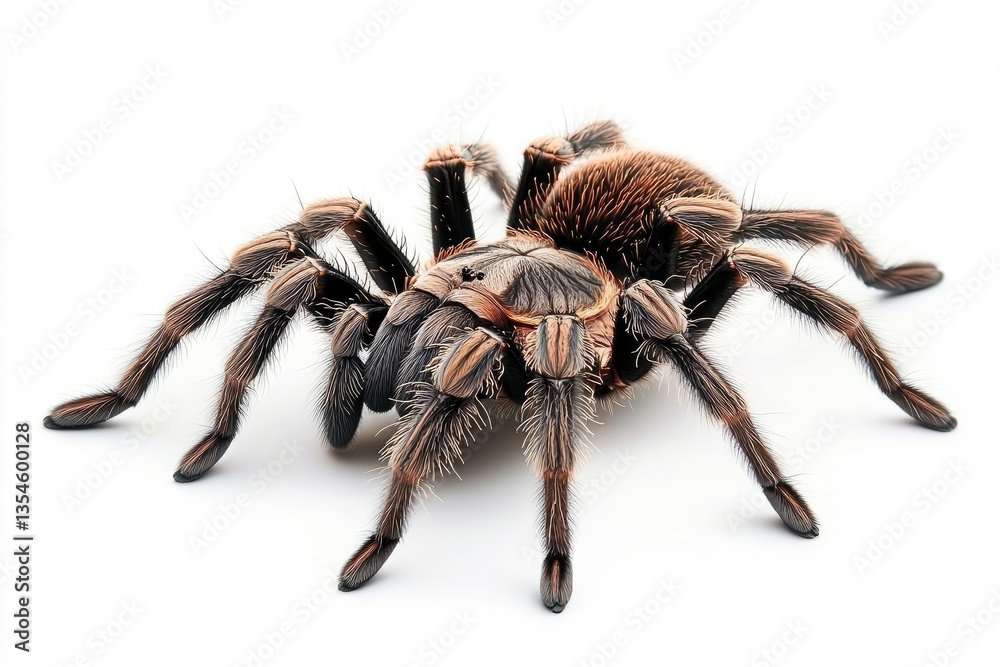 Close-up of a tarantula on a white background, showcasing its detailed anatomy and texture Close-up of a tarantula on a white background, showcasing its detailed anatomy and texture