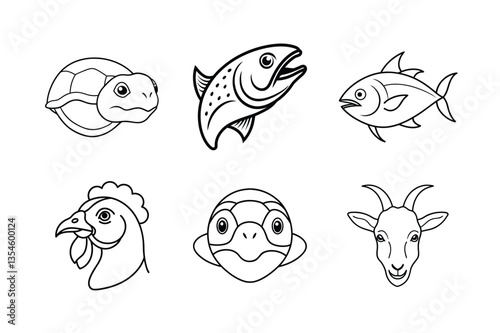 many kinds of pet animal head line drawing vector illustrations