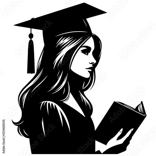 Black and white silhouette in profile of a young woman in graduation cap and gown holding an open book