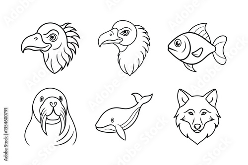 many kinds of pet animal head line drawing vector illustrations