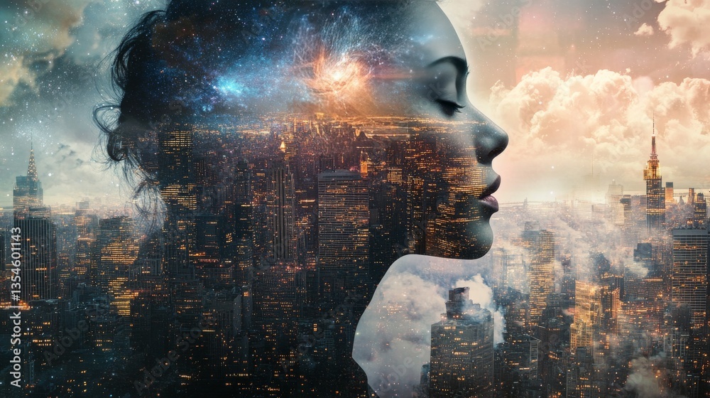 Fototapeta premium A captivating double exposure showing a woman's profile seamlessly blending with a vibrant city skyline at night, accentuated by cosmic elements and glowing lights.. AI Generation. AI Generation