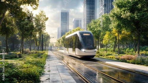 Modern Tram Moving Through Urban Greenery