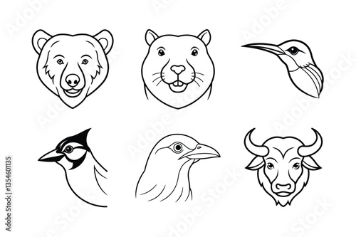 many kinds of pet animal head line drawing vector illustrations